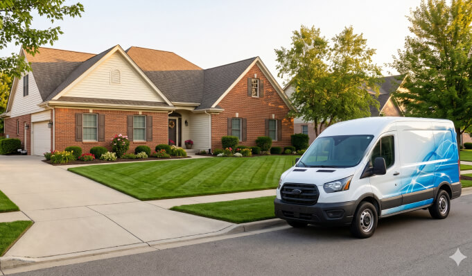 A white van with blue graphics is parked on the street in front of a suburban brick house with a neatly trimmed lawn and driveway.
