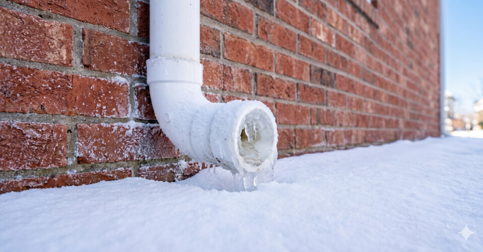A white PVC pipe on a brick wall is frozen over, with ice and snow surrounding its opening and icicles hanging from the pipe.