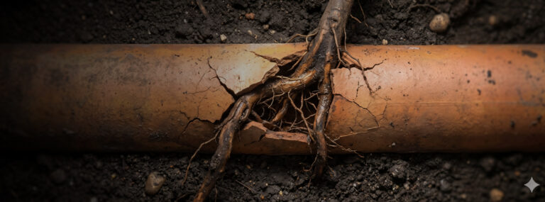 Orange pipe cracked open with tangled roots growing through a large break in the pipe, surrounded by dark soil.