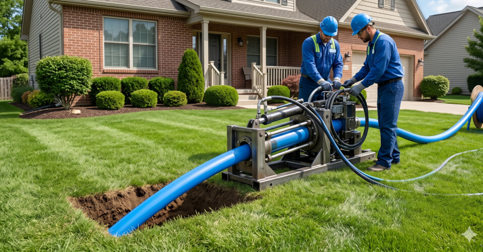 Two workers in safety gear operate trenchless pipe installation equipment on a lawn in front of a suburban house, inserting a large blue pipe into the ground.