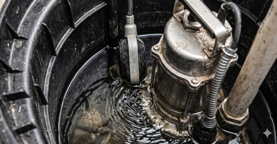 Close-up view of a sump pump partially submerged in water inside a black plastic basin, with pipes and a float switch visible.