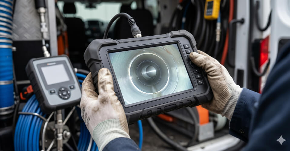 A person wearing gloves holds an inspection camera displaying an image of a pipe interior, with equipment and cables visible in the background.