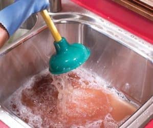 A clogged kitchen sink with a plunger trying to fix it.