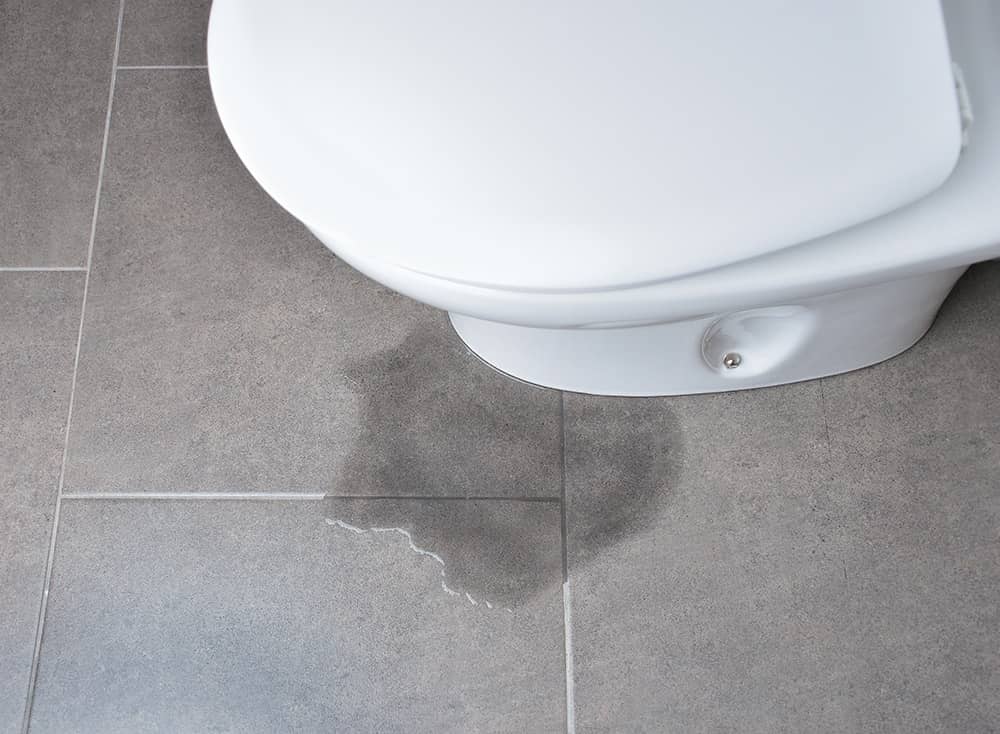 A close-up of a white toilet with a noticeable leak causing a puddle on a gray tiled floor.