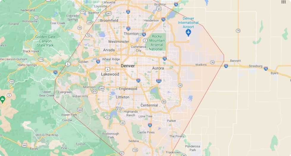 Map highlighting the denver metropolitan area with major cities and roads, including the location of denver international airport.