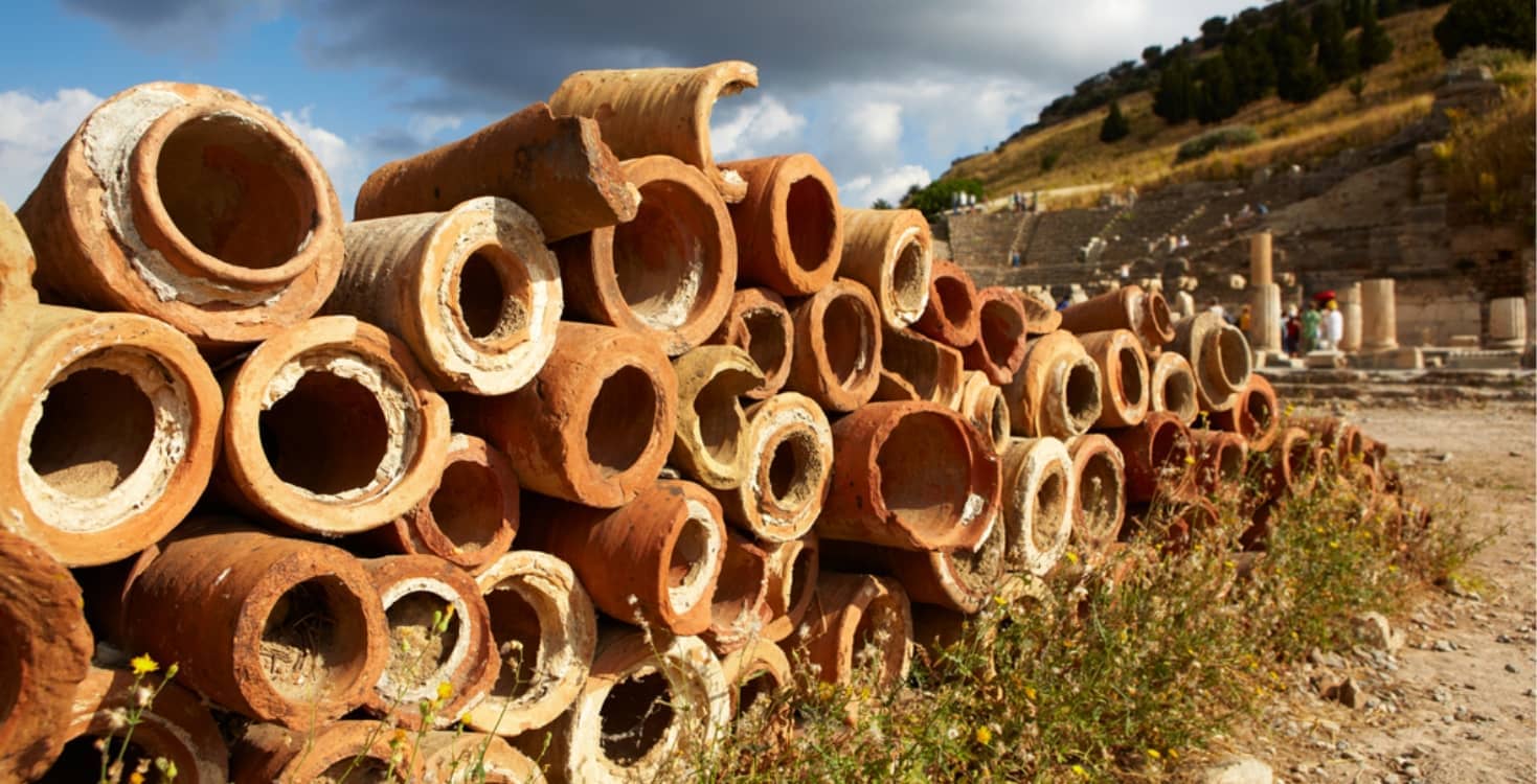 Old clay pipes for plumbing in the old ruins