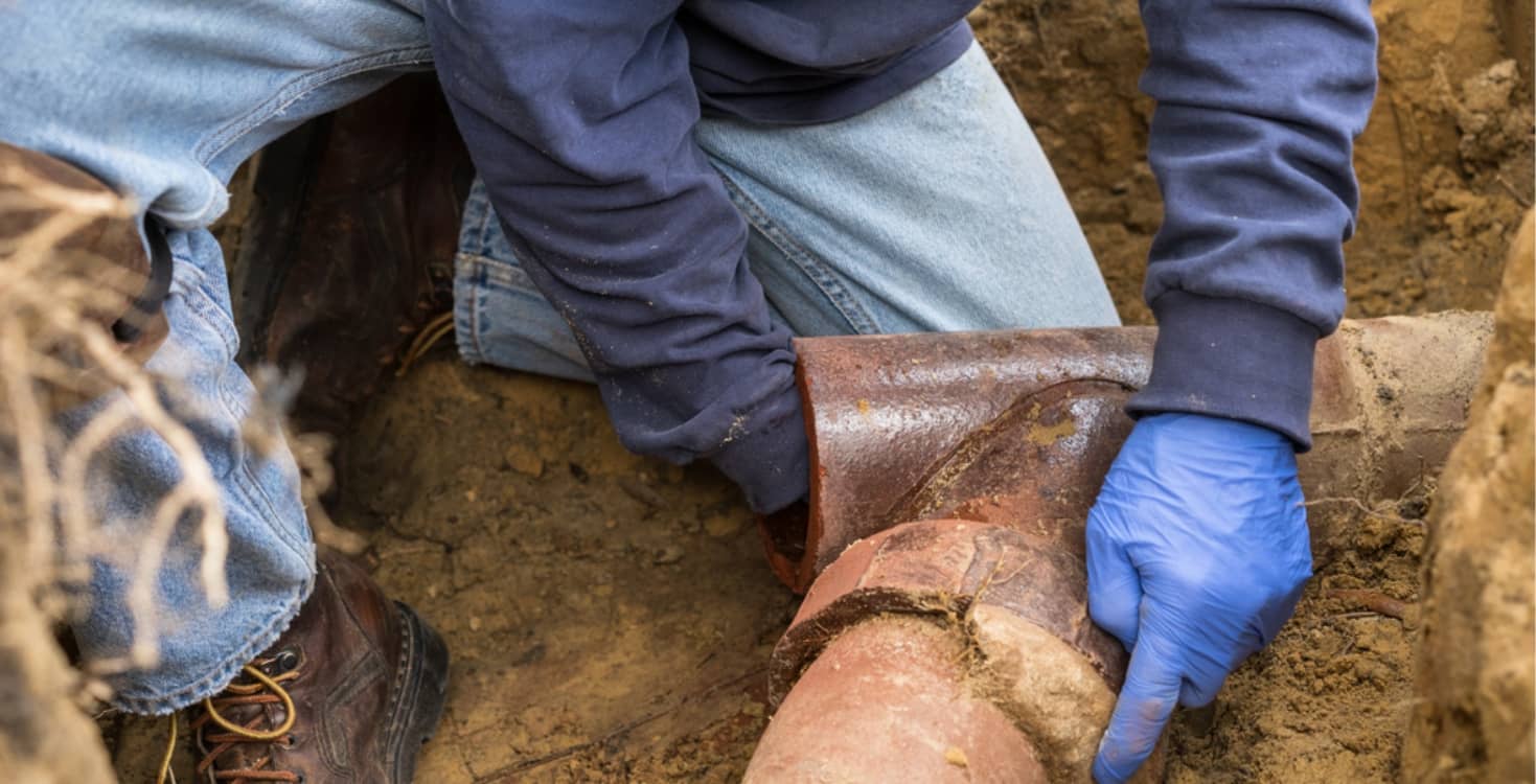 Plumber Man Digging Out Clogged Sewer Line