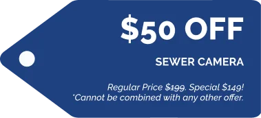 Blue tag with white text reads "$50 OFF SEWER CAMERA. Regular Price $199, Special $149! Cannot be combined with any other offer.