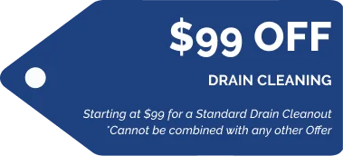 Blue tag graphic offering $99 off drain cleaning, with fine print stating starts at $99 for standard cleanout and cannot be combined with other offers.