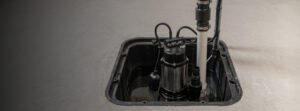 A sump pump installed in a basement pit with pipes and wires, partially submerged in water, on a concrete floor.