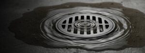 Water pooling around a metal floor drain grate, with ripples on the surface and small debris scattered on the wet ground.