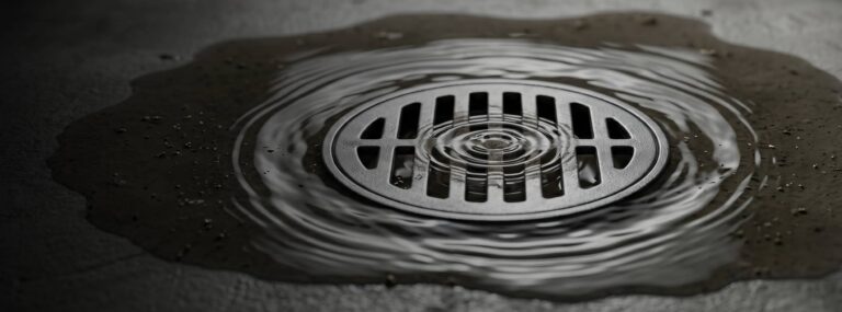 Water pooling around a metal floor drain grate, with ripples on the surface and small debris scattered on the wet ground.