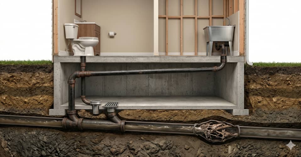 Cross-section of a house showing bathroom and laundry plumbing connected to underground sewer pipes, with a blockage visible in the main sewer line.
