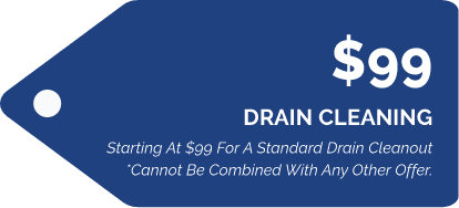 Blue price tag graphic advertising $99 drain cleaning, stating standard cleanout starts at $99 and cannot be combined with other offers.