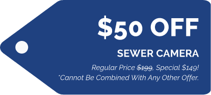 Blue price tag graphic showing $50 off a sewer camera. Regular price is $199, special is $149. Note: cannot be combined with other offers.