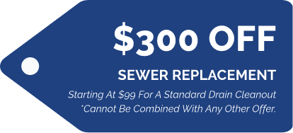 Blue promo tag: $300 OFF sewer replacement; starting at $99 for standard drain cleanout; not combinable with other offers.